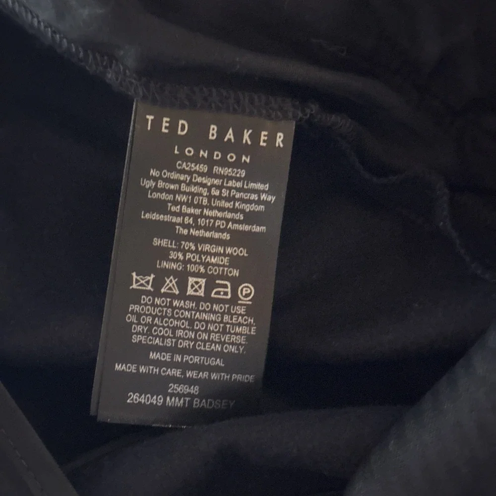 TED BAKER Mens Slim Fit Badsey Virgin Wool‎ Blend Trousers Navy Blue 34 Long NWT